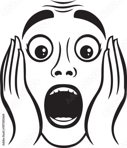 The face of fear, eyes wide, mouth agape, hands covering cheeks, an illustration of shock.