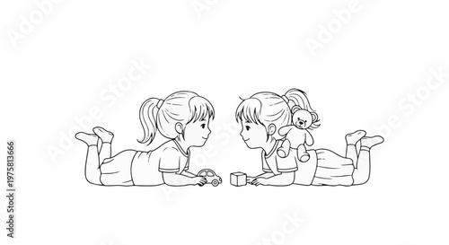 Two children lie on the floor looking at each other playing with toys