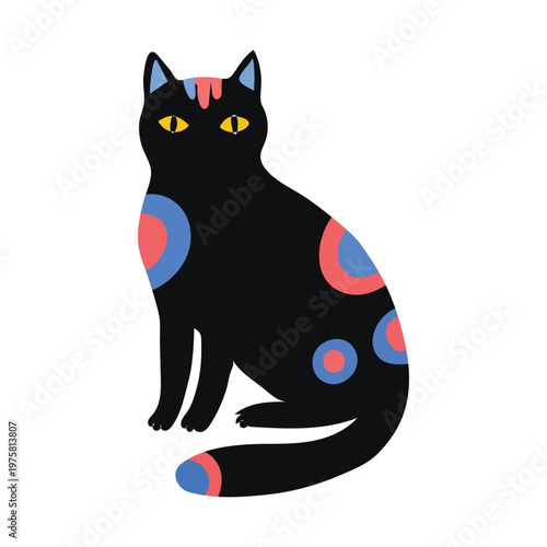 Black cat with colorful spots illustration