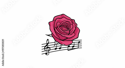 A pink rose blooms above a musical staff with notes
