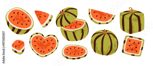 Watermelon fruit set with slices, cubes, and whole fruit. Summer, nutrition, and organic food concepts. Flat vector illustration.