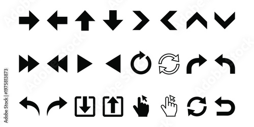 Arrow and interface icons set, chevrons, refresh, undo redo, pointer hand, black vector