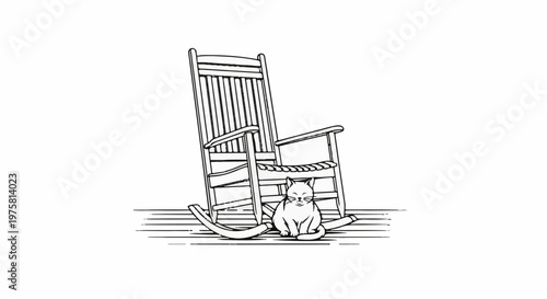 A black and white sketch of a cat sitting in front of a wooden rocking chair