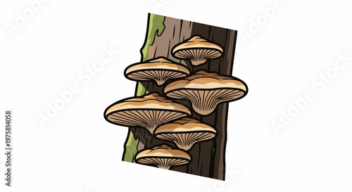 A cluster of tan and brown mushrooms grows on a textured, dark brown tree trunk