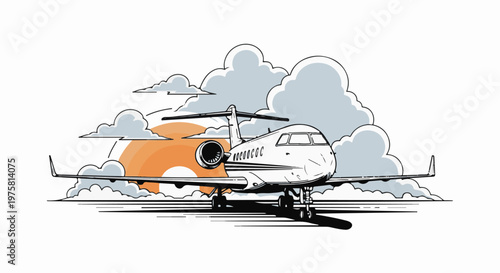 A jet plane sits on the tarmac against a backdrop of clouds and a setting sun