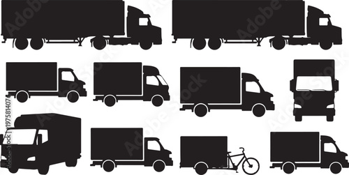 Various types of trucks and vehicles in silhouette form