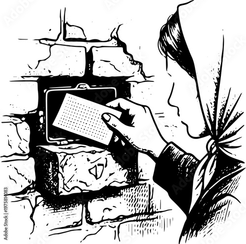 Vintage Black and White Line Art Illustration of Man in Peaked Cap Uniform Reading Newspaper While Drinking from Cup at Table - Retro Stock Vector for Mystery Detective and Espionage Themes