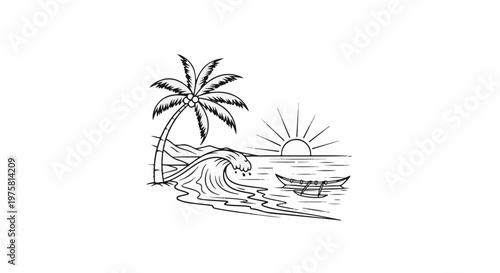 Tropical beach scene with a palm tree, crashing wave, and distant sunset with canoes