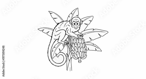 Black and white illustration of a monkey perched on bananas with large leaves