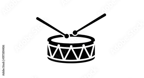 Black icon of a snare drum with two drumsticks