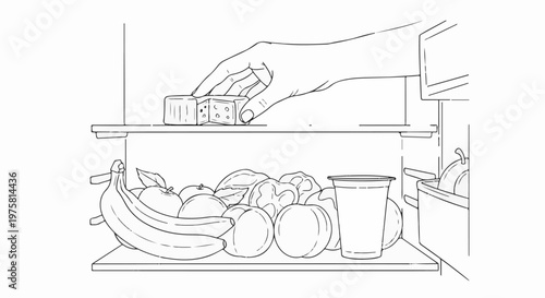 Hand placing cheese cubes into an open refrigerator filled with fruits and a cup