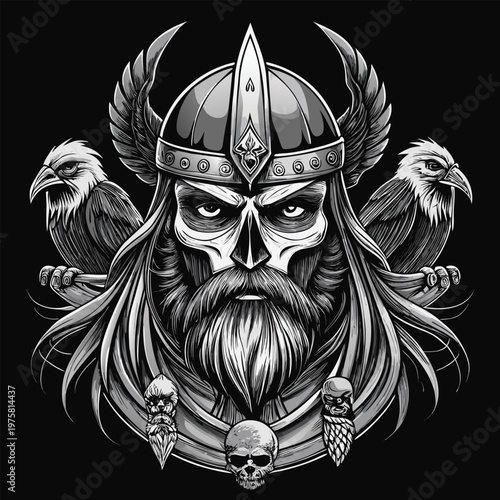 Viking warrior with winged helmet and ravens in grayscale