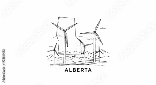 Stylized outline of a province with wind turbines and rolling hills