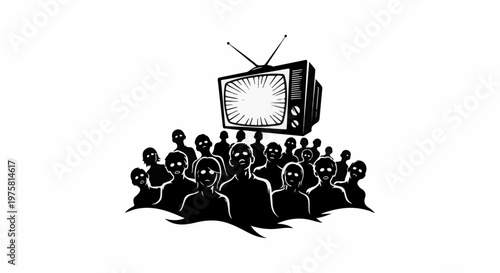 Silhouetted crowd of people with blank expressions staring at an old television