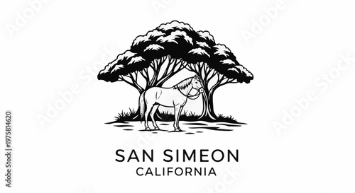 Silhouette of a horse standing under a stylized tree with text below