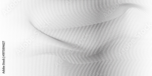 Flowing dots particles wave pattern 3D curve halftone black gradient curve shape isolated on white background.