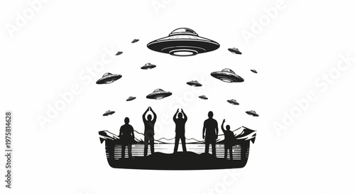 Silhouettes of people watching many flying saucers descending