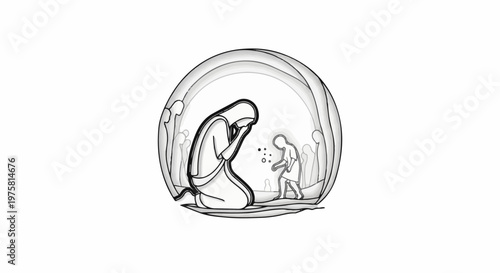 Stylized depiction of a bowed figure next to a smaller figure within a bubble