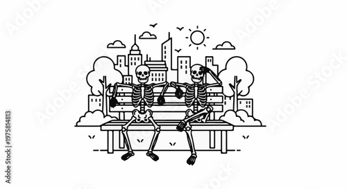 Two skeletons sit on a park bench enjoying a sunny day in the city