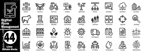 Digital farm management icons set for smart agriculture technologies.