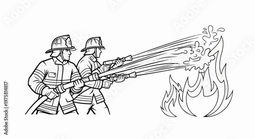 Two firefighters spray water from hoses onto a large fire