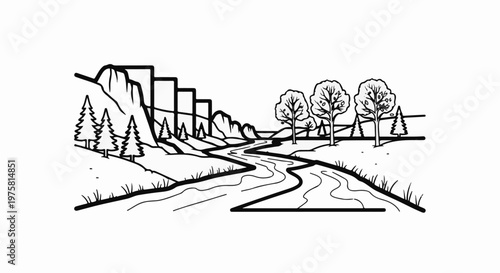 Winding river flows through a valley with trees and layered mountains