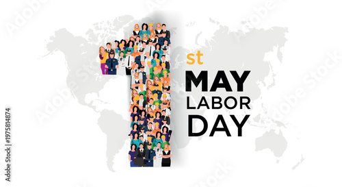 Happy labor day concept poster. Large group of people form to create number 1 on white background as labour day is celebrated on 1st of may. Vector illustration.