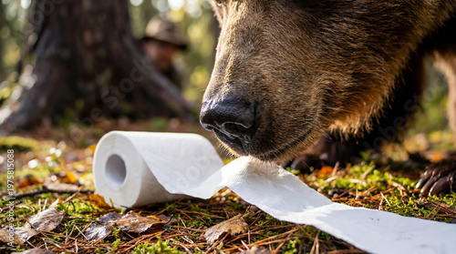 A comical situation on a hike. A huge wild bear sniffs toilet paper while a frightened hiker hides behind a tree.
