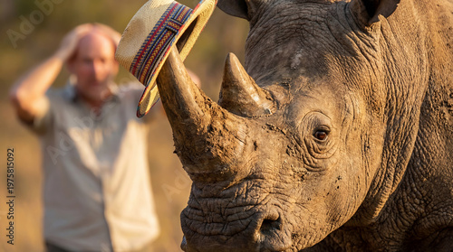 A funny scene on an African safari: a huge rhino took a straw hat from a tourist