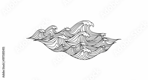 Abstract line art depicts a series of stylized, choppy ocean waves