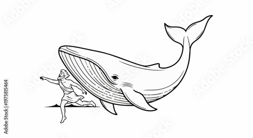 Ancient man flees giant whale in abstract underwater scene