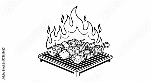 Meat skewers cooking on a grill with flames
