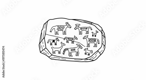 Ancient rock art depicts a stylized collection of animals in varied patterns