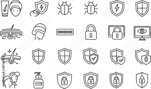 Cyber security and protection line icon set with shield password lock antivirus and data safety thin outline vector collection