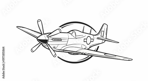 Classic propeller aircraft in flight, illustrated with bold lines