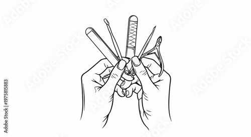 Close-up of hands holding manicure tools, black and white line art