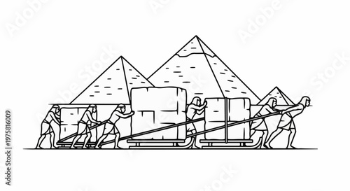 Ancient builders transport massive stone blocks towards Egyptian pyramids