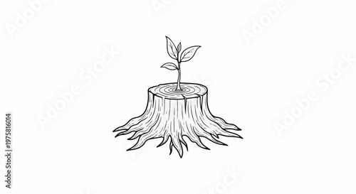 A new sprout emerges from a weathered tree stump, symbolizing resilience and new life