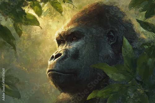Thoughtful gorilla portrait in a tranquil jungle clearing