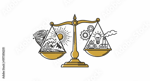 Scales balance natural forces against technological advancements