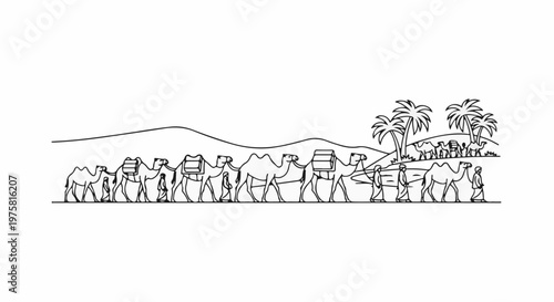 Camel caravan traverses a desert landscape with palm trees and dunes