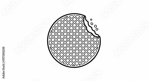 A simple, black and white line drawing of a circular waffle with a bite taken out