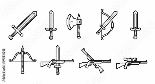 Pixel art collection of medieval weapons and firearms