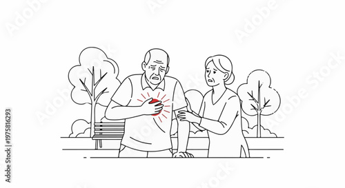 Elderly man clutches chest in pain, woman supports him in park