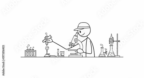 Stick figure scientist conducting experiment with microscope, burner, and flasks
