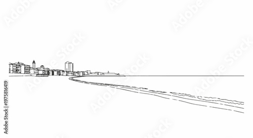 A simple black and white sketch shows a coastal city with buildings and a long beach