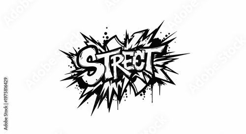 Bold graffiti style lettering spelling "STREET" explodes outward in black and white