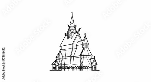 Ornate, multi-tiered wooden structure with multiple spires topped with crosses