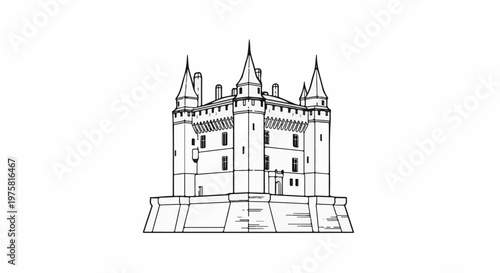 Ornate castle with multiple spires, battlements, and a fortified base