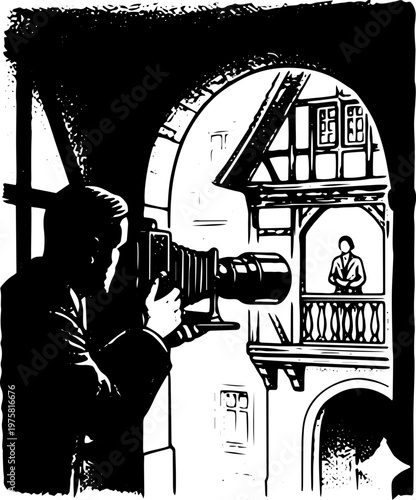 Vintage Black and White Line Art Illustration of Photographer with Large Camera Spying on Person from Archway - Retro Stock Vector for Espionage and Mystery Themes